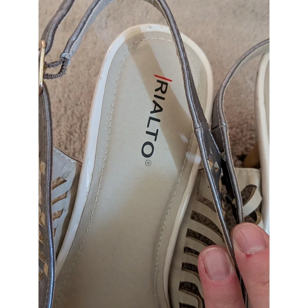 Rialto Womens Metallic Pewter Cream Studded Cage Slingback Kitten Heels 7.5M